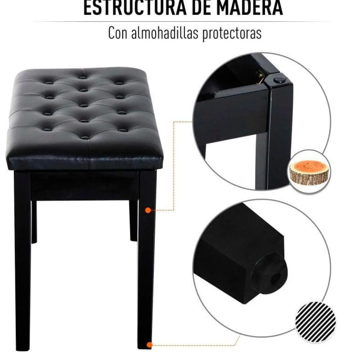 Banco de piano Homcom con almacenamiento símil piel negro 50x36x76 cm