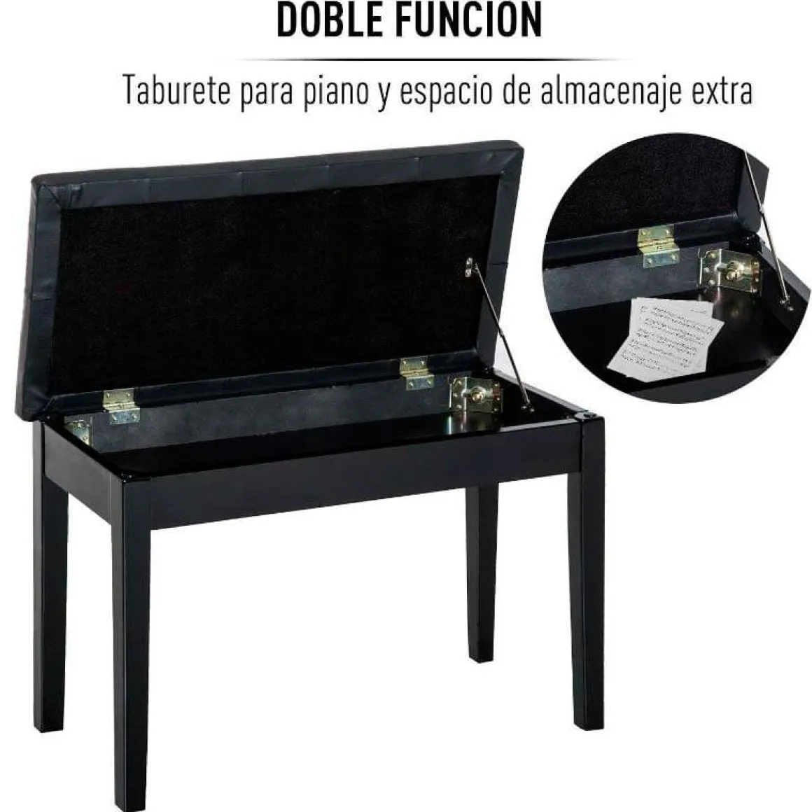 Banco de piano Homcom con almacenamiento símil piel negro 50x36x76 cm
