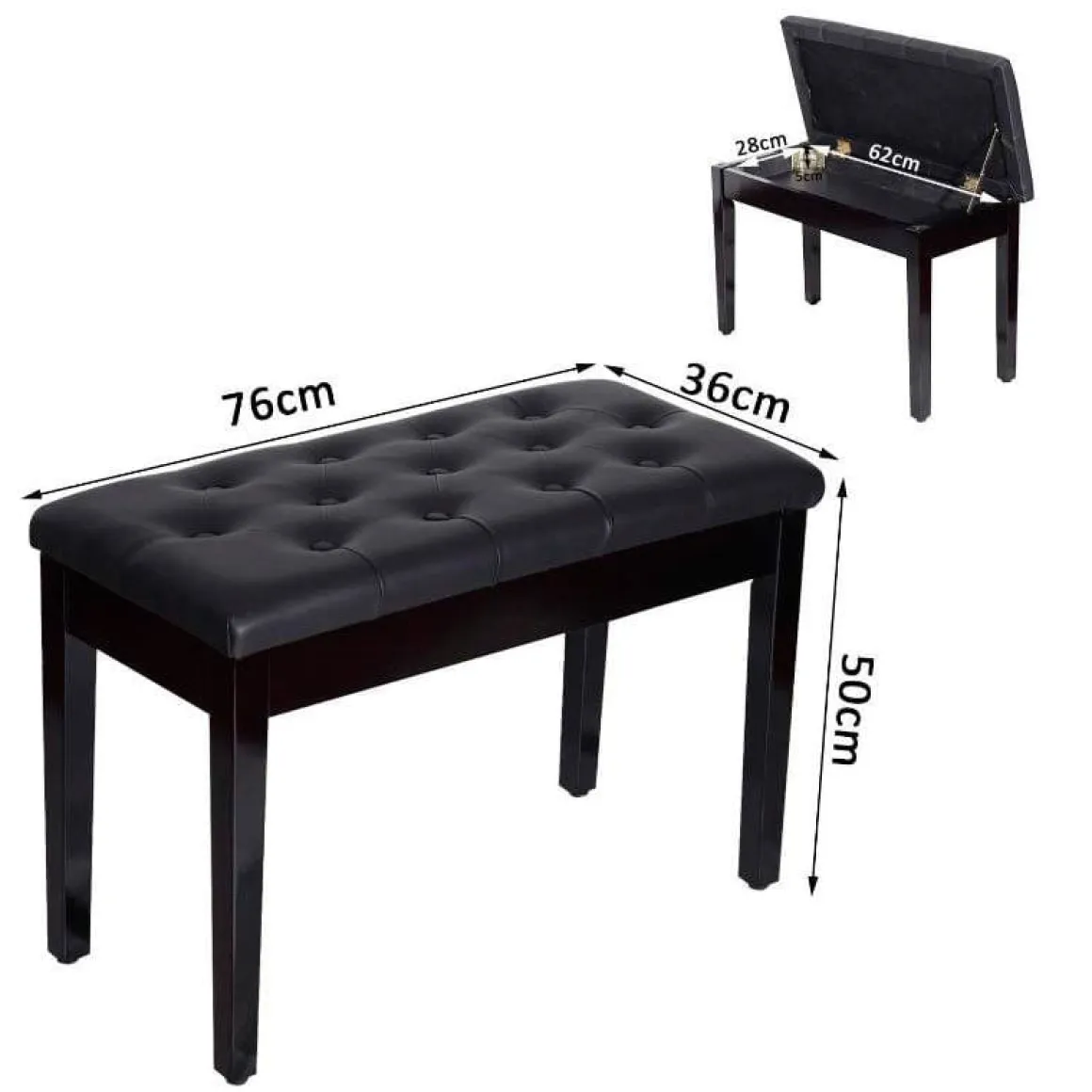 Banco de piano Homcom con almacenamiento símil piel negro 50x36x76 cm