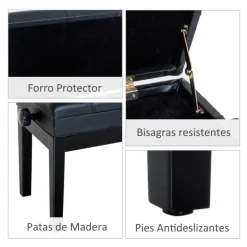 Banco de piano Homcom regulable negro 48/58x54,5x33 cm