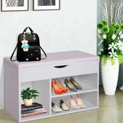 Banco zapatero 3 estantes madera blanco 47x80x30 cm