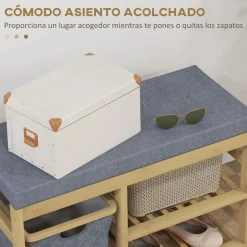 Banco zapatero Bamboo Homcom cesta extraíble + 2 estantes natural 45x69x30 cm