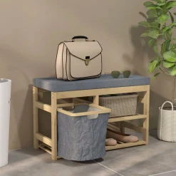 Banco zapatero Bamboo Homcom cesta extraíble + 2 estantes natural 45x69x30 cm