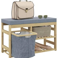 Banco zapatero Bamboo Homcom cesta extraíble + 2 estantes natural 45x69x30 cm