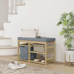 Banco zapatero Bamboo Homcom cesta extraíble + 2 estantes natural 45x69x30 cm