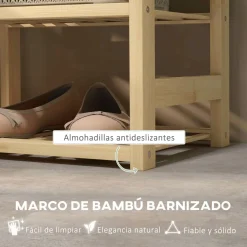 Banco zapatero Bamboo Homcom cesta extraíble + 2 estantes natural 45x69x30 cm