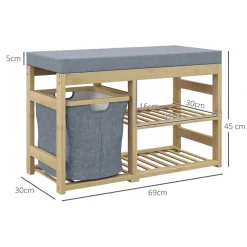 Banco zapatero Bamboo Homcom cesta extraíble + 2 estantes natural 45x69x30 cm