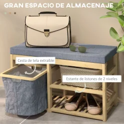 Banco zapatero Bamboo Homcom cesta extraíble + 2 estantes natural 45x69x30 cm