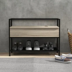 Banco zapatero Batu Homcom con tapa abatible + estante roble 61x84x39,5 cm