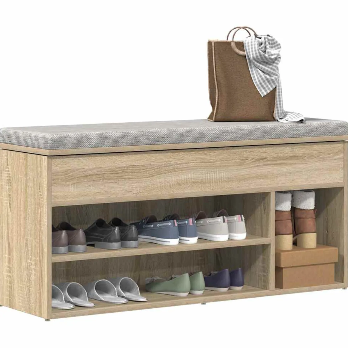 Banco zapatero Bruselas baúl + compartimentos abiertos roble claro 45x102x30,5 cm