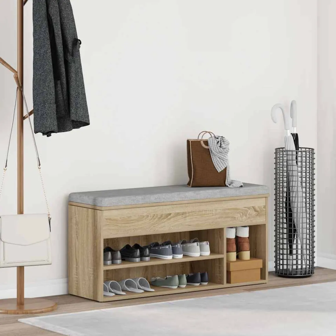 Banco zapatero Bruselas baúl + compartimentos abiertos roble claro 45x102x30,5 cm