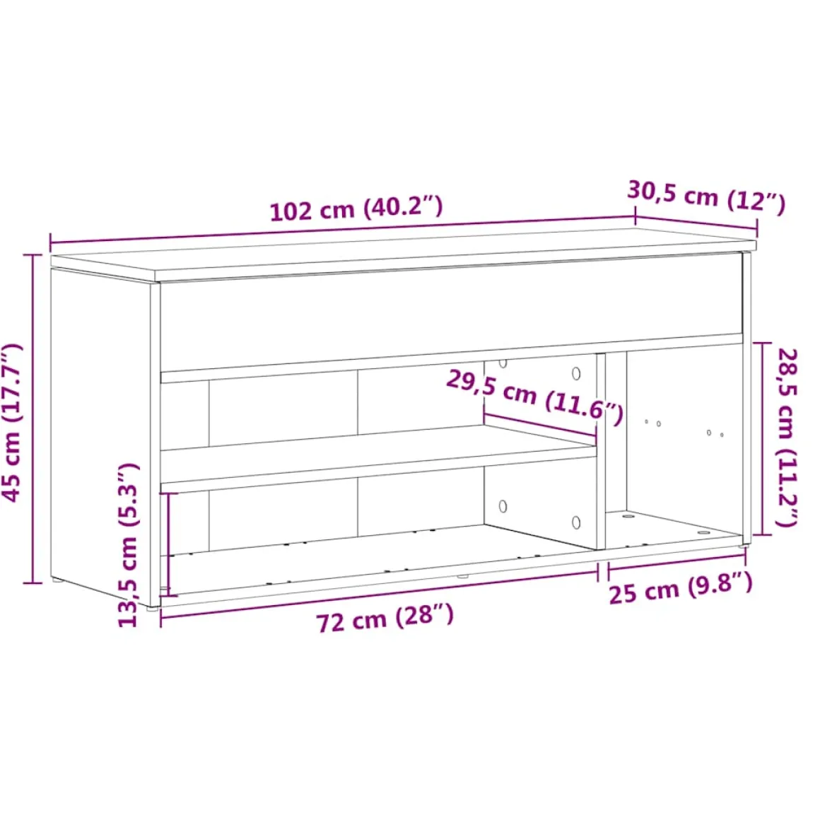Banco zapatero Bruselas baúl + compartimentos abiertos roble claro 45x102x30,5 cm