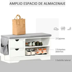Banco zapatero Craig Homcom 2 cajones + estante blanco/gris 43,5x80,5x30,5 cm