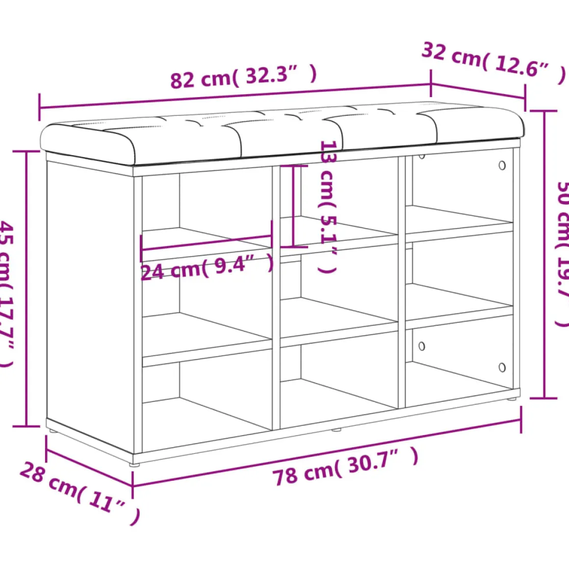 Banco zapatero Doll 9 estantes con asiento acolchado 50x82x32 cm