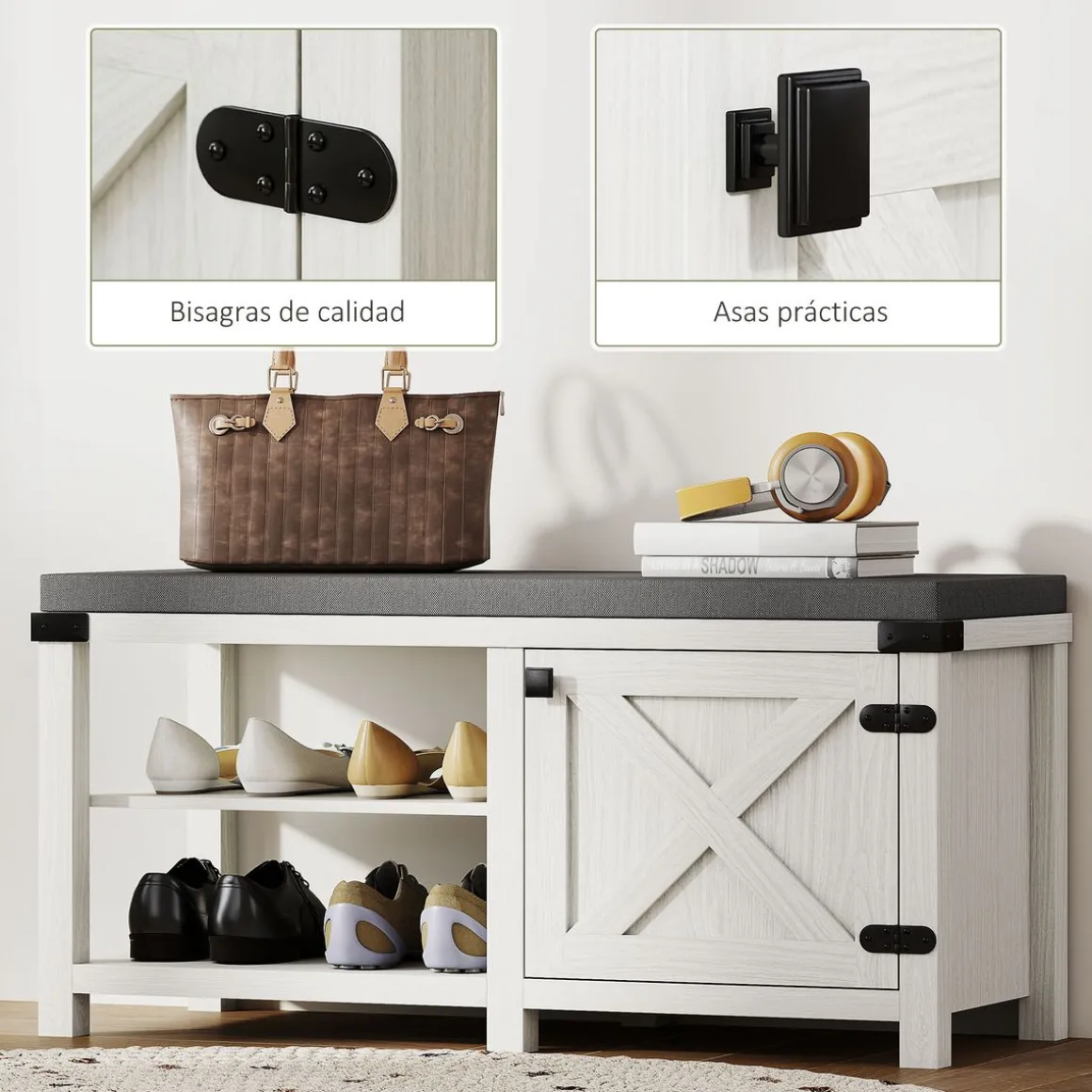 Banco zapatero Gorvi Homcom 2 estantes con puerta 7 pares blanco/gris 48x100x40 cm