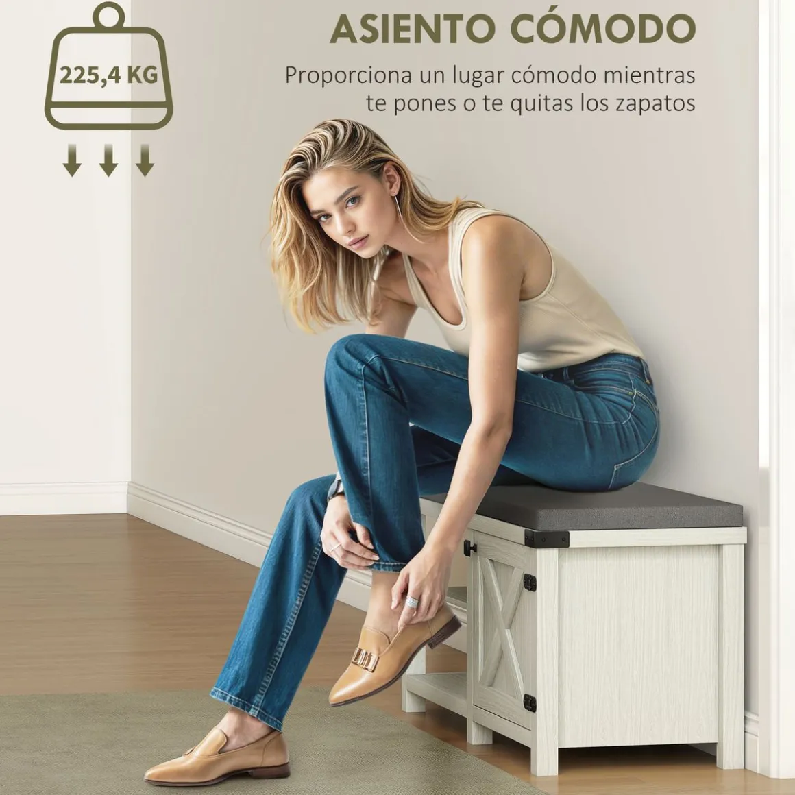 Banco zapatero Gorvi Homcom 2 estantes con puerta 7 pares blanco/gris 48x100x40 cm
