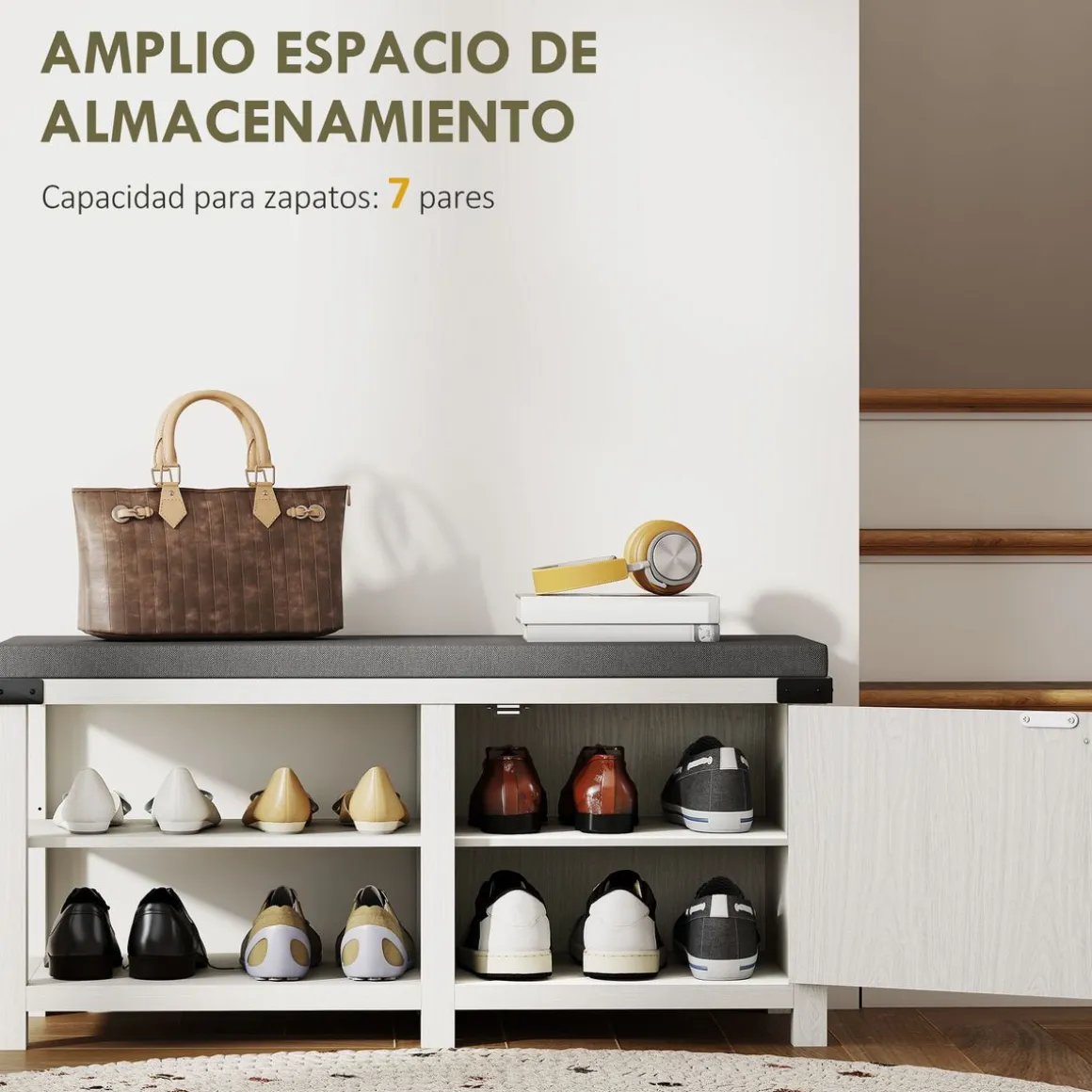 Banco zapatero Gorvi Homcom 2 estantes con puerta 7 pares blanco/gris 48x100x40 cm