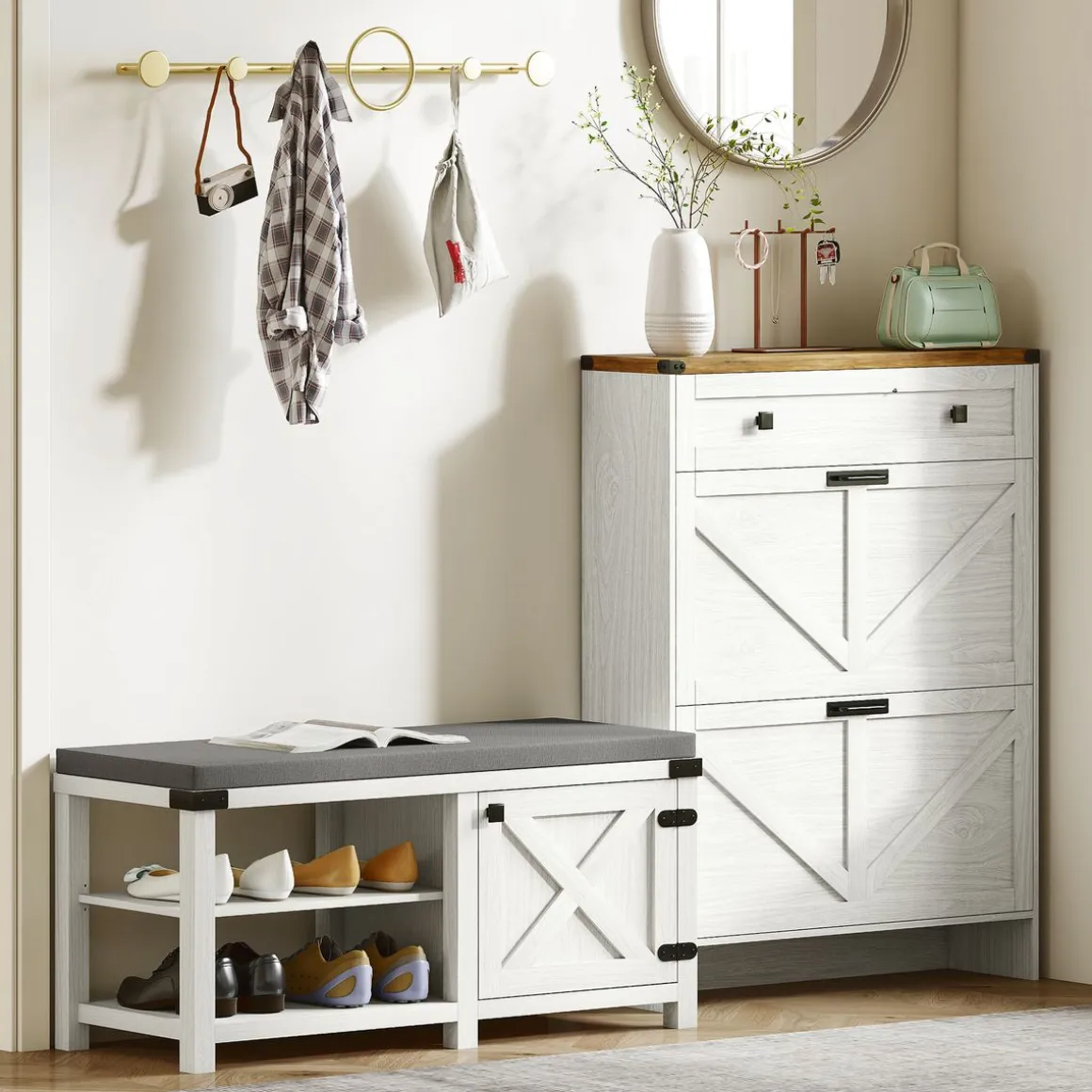 Banco zapatero Gorvi Homcom 2 estantes con puerta 7 pares blanco/gris 48x100x40 cm