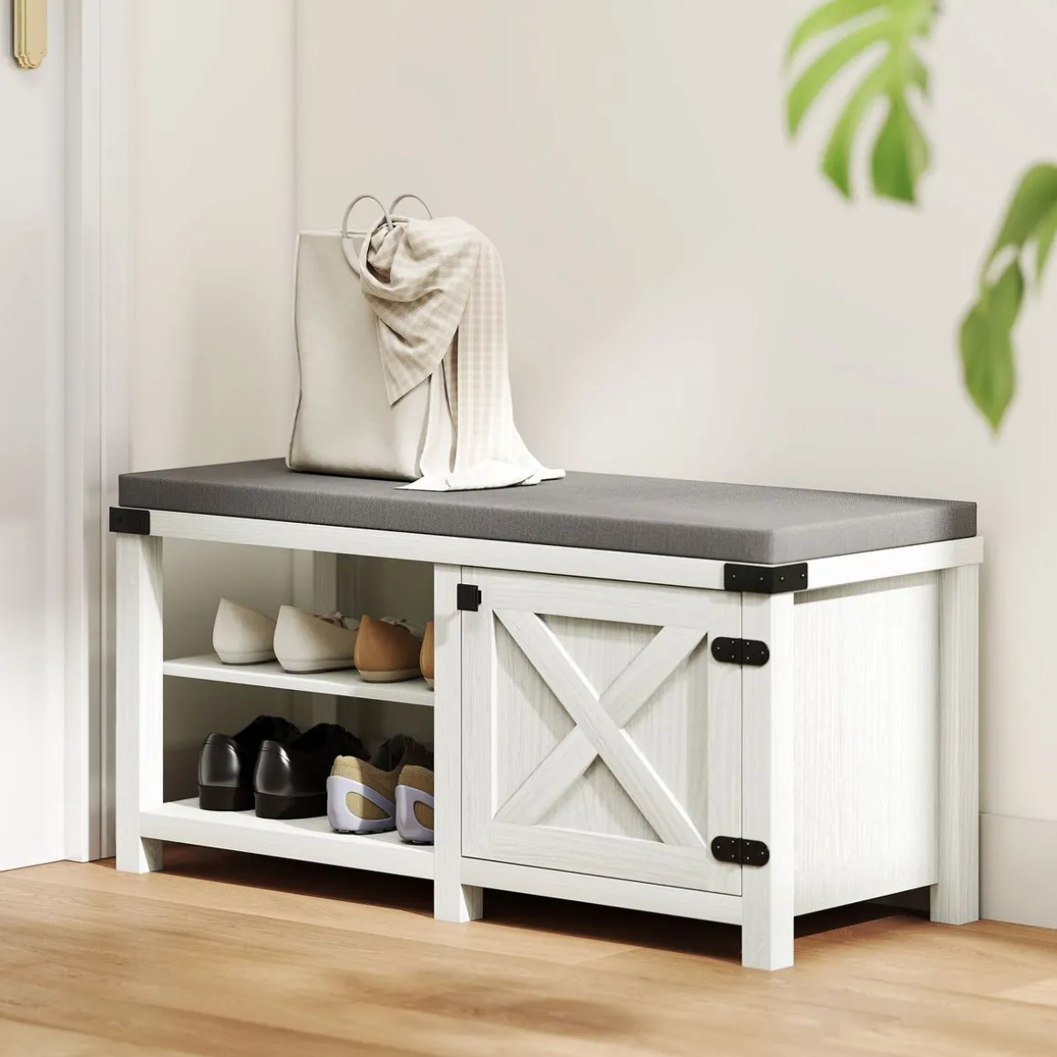 Banco zapatero Gorvi Homcom 2 estantes con puerta 7 pares blanco/gris 48x100x40 cm