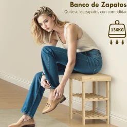 Banco zapatero Tarde Homcom 2 estantes natural 45x50x28 cm
