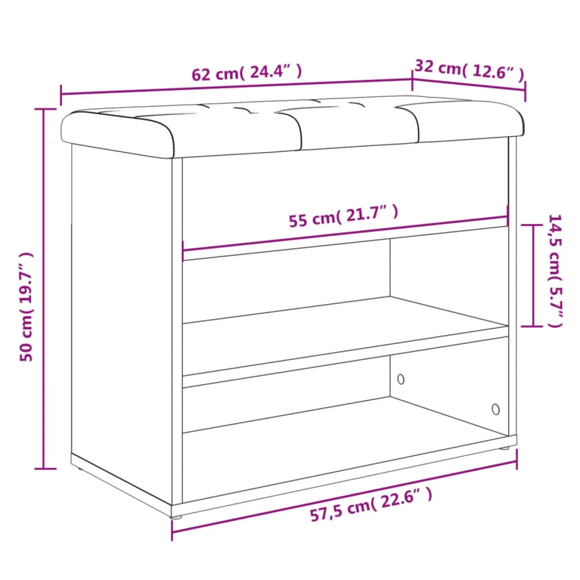 Banco zapatero Ulises 2 estantes + asiento acolchado 50x62x32 cm