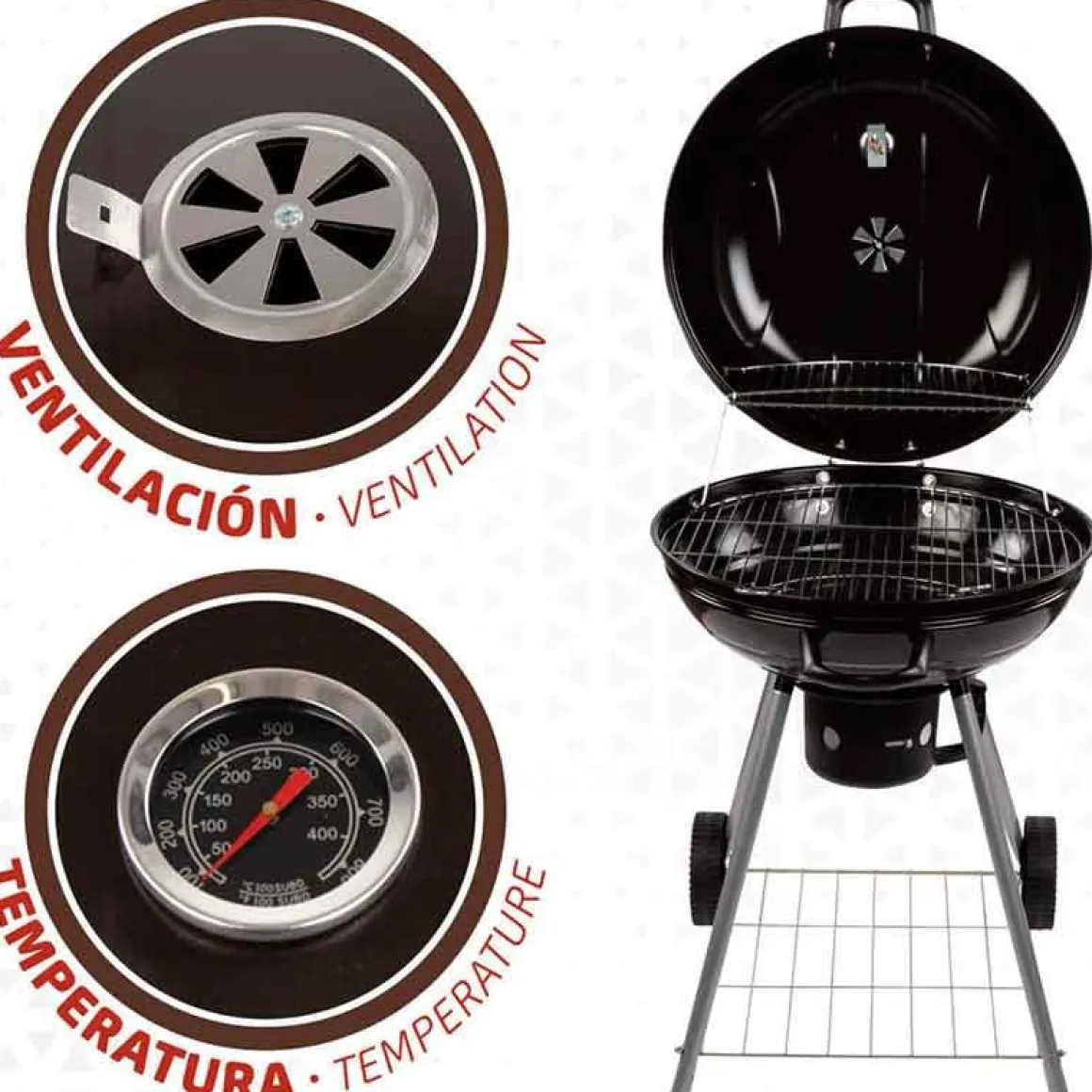 Barbacoa de carbón Aktive con tapa+ruedas negro Ø57x86 cm