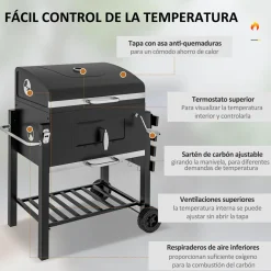 Barbacoa de carbón Jay tapa + termostato + ruedas negro 108x113x65 cm