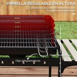 Barbacoa de carbón Marga Outsunny plegable + parrilla ajustable + estantes rojo/negro 95x103x47 cm