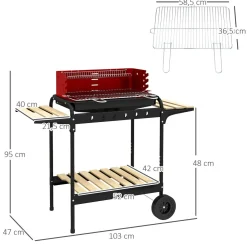 Barbacoa de carbón Marga Outsunny plegable + parrilla ajustable + estantes rojo/negro 95x103x47 cm