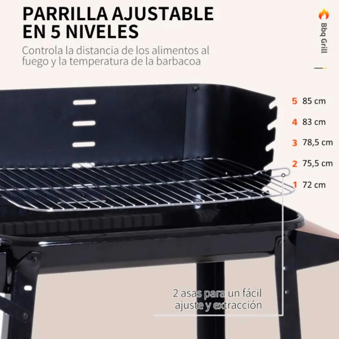 Barbacoa de carbón Outsunny altura ajustable 2 estantes negro 87x83x45 cm