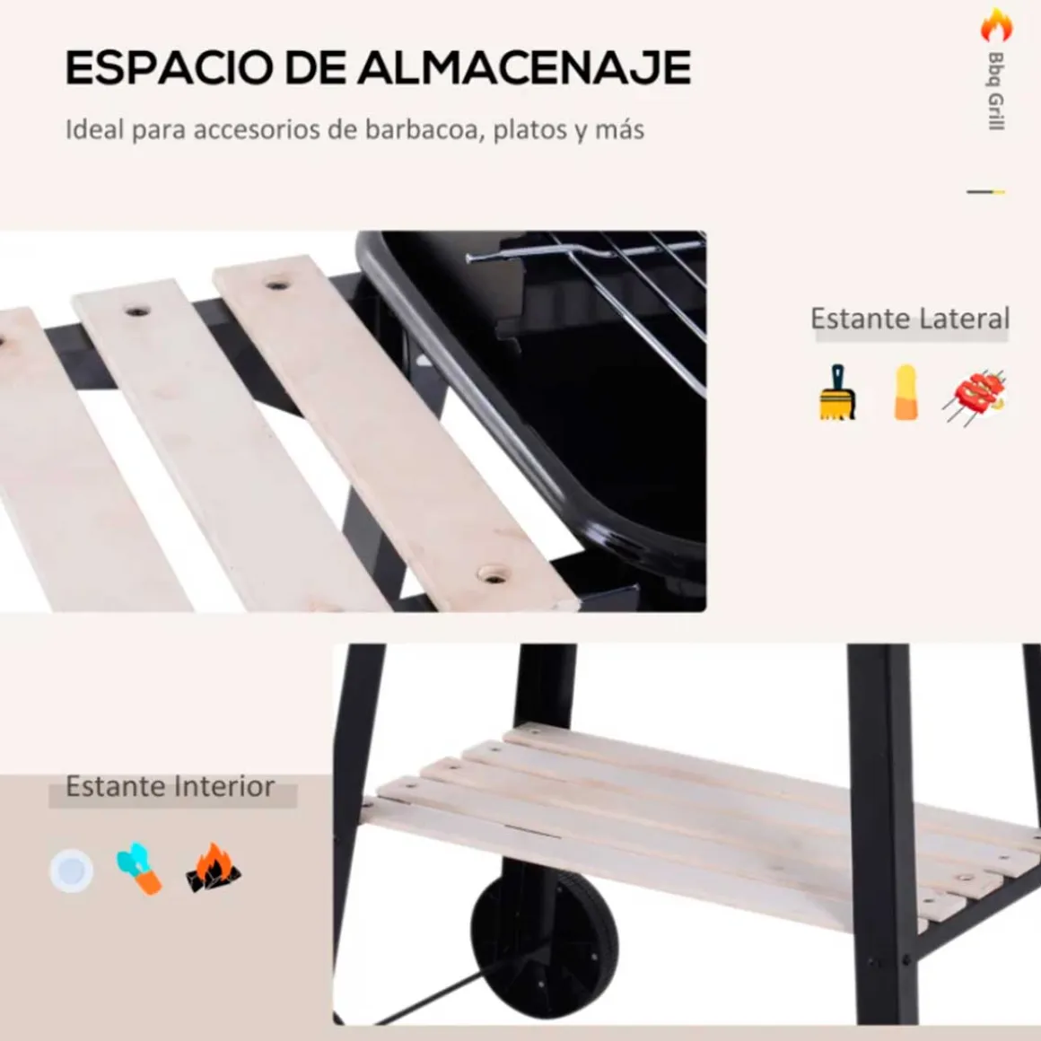 Barbacoa de carbón Outsunny altura ajustable 2 estantes negro 87x83x45 cm