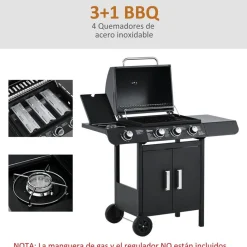 Barbacoa de gas Outsunny 3+1 negro 100x110x50 cm