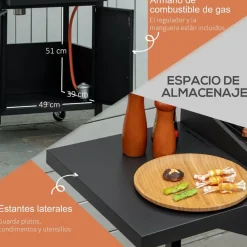 Barbacoa de gas Outsunny con ruedas negro 109x121x55 cm