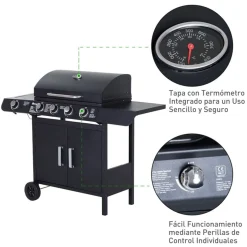 Barbacoa de gas Outsunny negro 100x125x51 cm