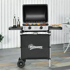 Barbacoa de gas Outsunny 2 quemadores 5,6kW con ruedas negro 99x104x49 cm