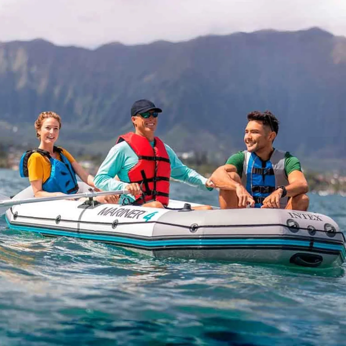 Barco hinchable Mariner Intex 4 personas con remos+bomba de hinchado gris 48x145x328 cm