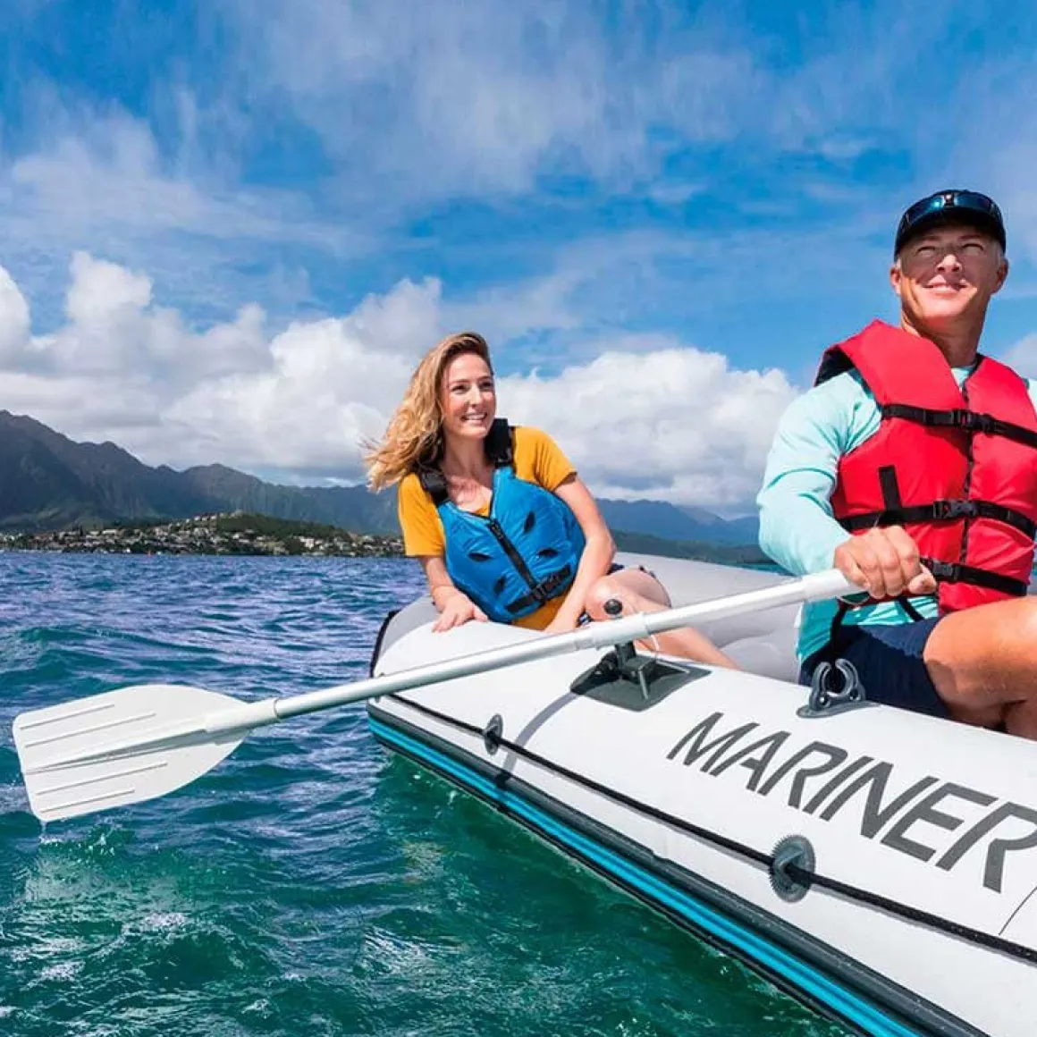 Barco hinchable Mariner Intex 4 personas con remos+bomba de hinchado gris 48x145x328 cm