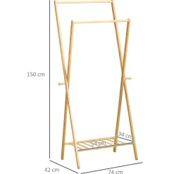 Burro perchero Dummo Homcom 2 barras + 1 estante natural 150x74x42 cm