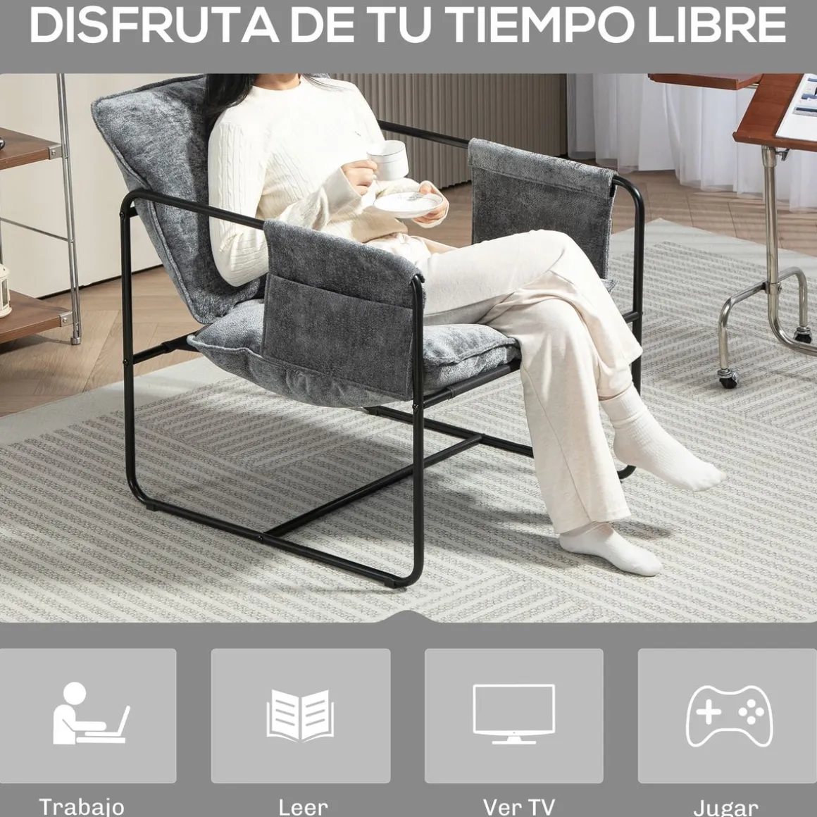 Butaca Albert Homcom bolsillos laterales gris 81x68x78 cm