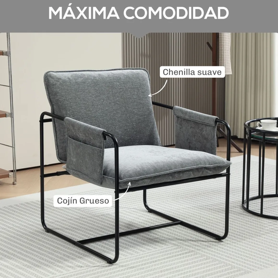 Butaca Albert Homcom bolsillos laterales gris 81x68x78 cm