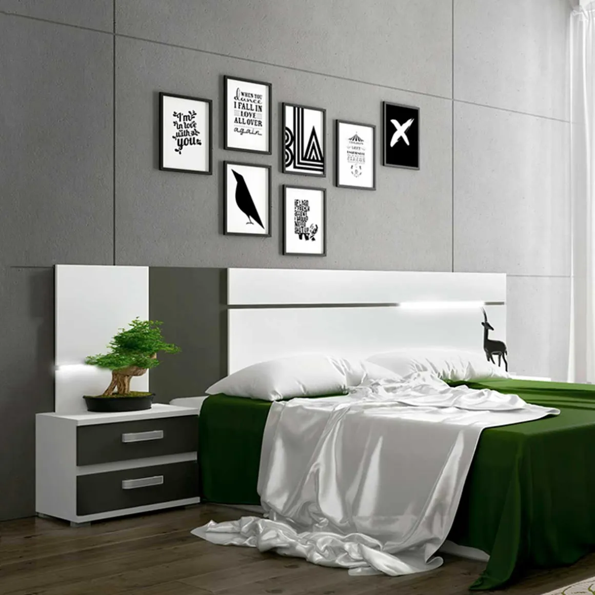 Cabecero Cabra con luz LED para cama de matrimonio blanco/grafito 260 cm