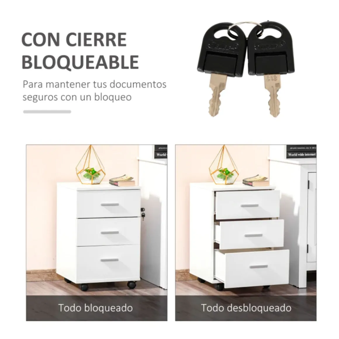 Cajonera de oficina Vinsetto 3 cajones con llave y ruedas blanco 61,5x40x41,5 cm