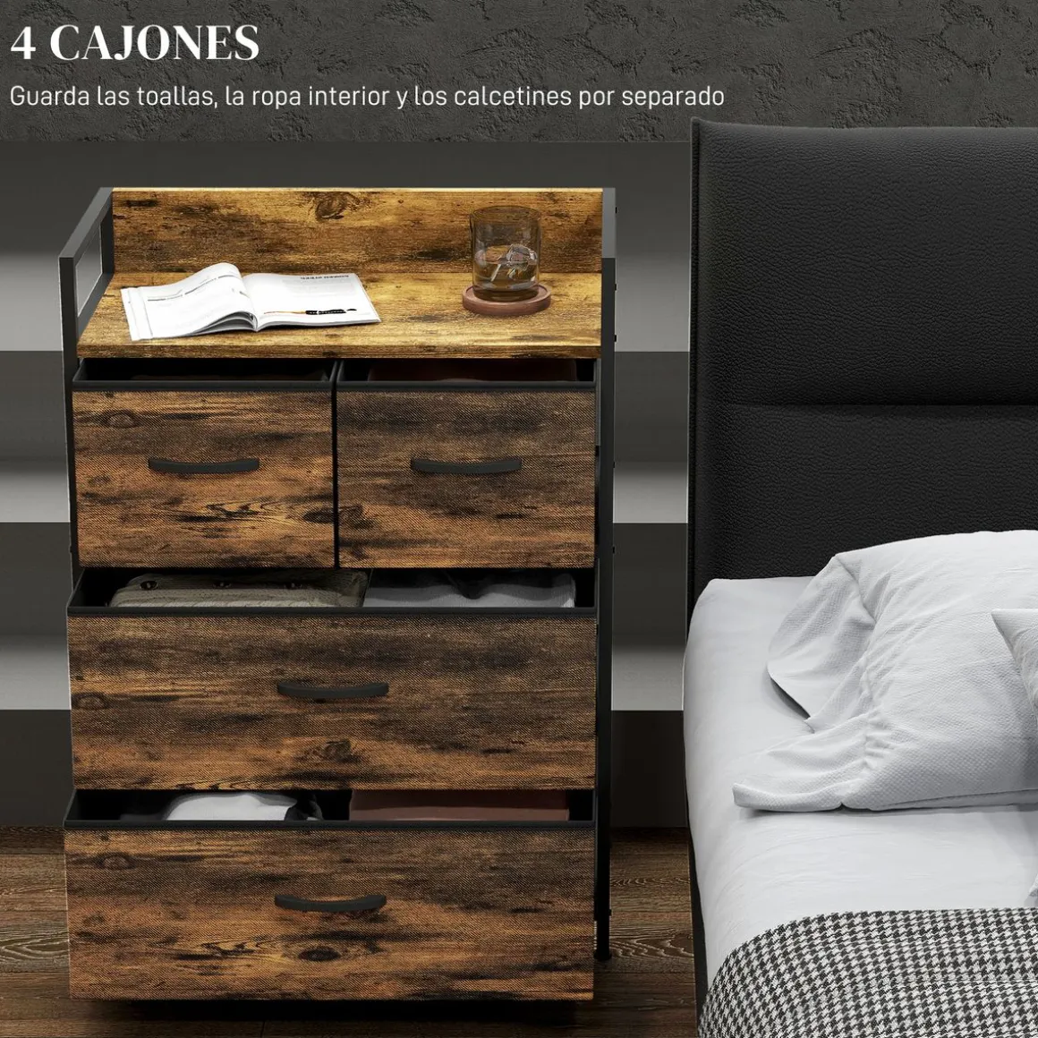 Cajonera Malta Homcom 4 cajones de tela marrón oscuro 85x60x29 cm