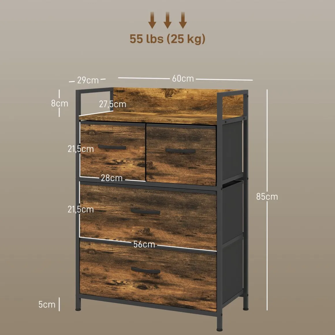 Cajonera Malta Homcom 4 cajones de tela marrón oscuro 85x60x29 cm