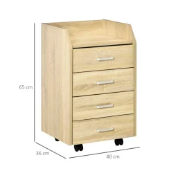 Cajonera Sezze Vinsetto 4 cajones + 4 ruedas natural 65x40x36 cm