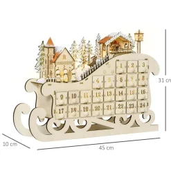 Calendario de Adviento Trineo Homcom pueblo + 24 cajones + luces LED natural 31x45x10 cm