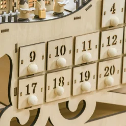 Calendario de Adviento Trineo Homcom pueblo + 24 cajones + luces LED natural 31x45x10 cm