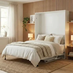 Cama abatible vertical Lupe con escritorio y somier blanco