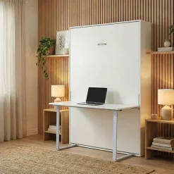 Cama abatible vertical Lupe con escritorio y somier blanco