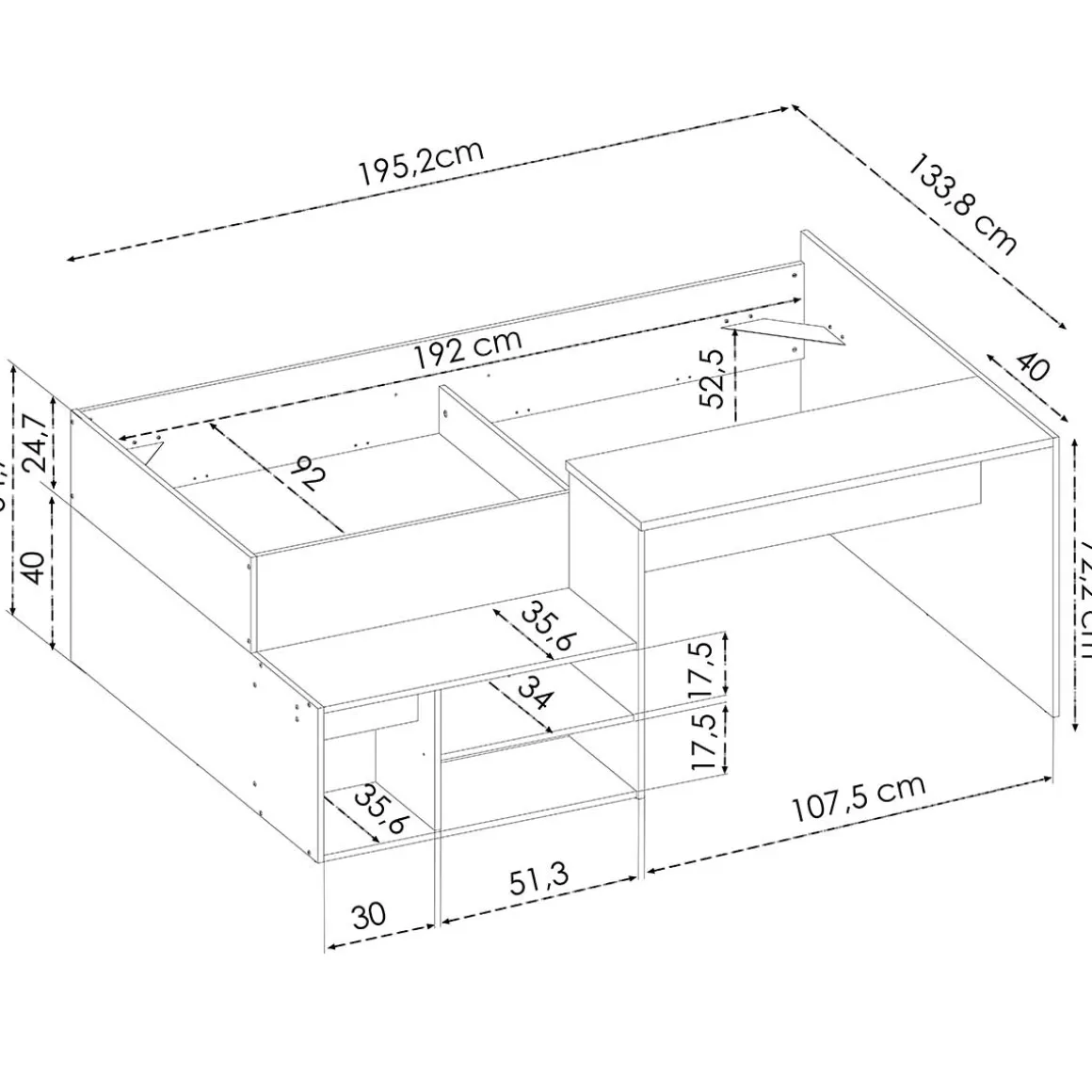 Cama con escritorio Kric blanco/natural 72x195x134 cm